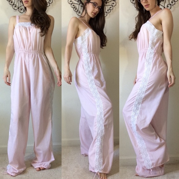 Vintage Other - Vintage Baby Pink Lace Trim PJ Romper